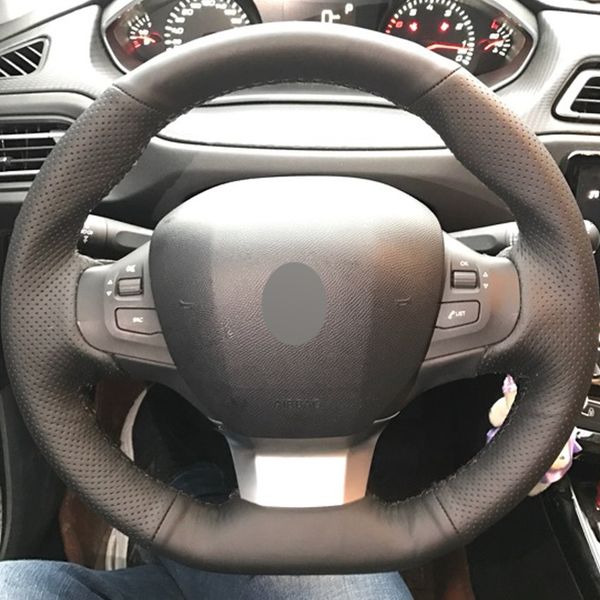 

black leather hand-stitched car steering wheel cover for peugeot 308 2016 2017