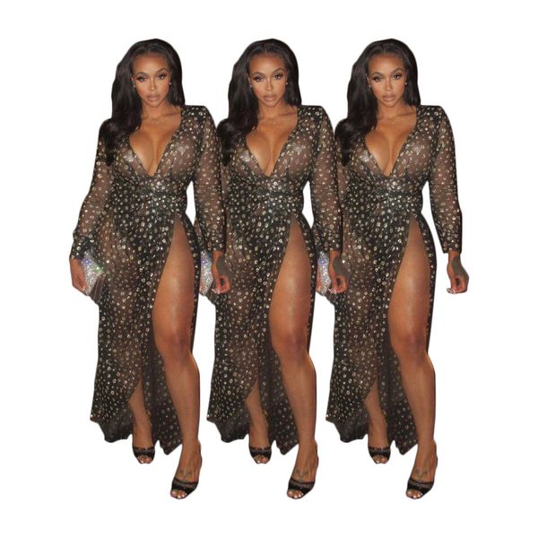 

a6036 women party dresses european and american v-neck perspective long-sleeved open-forked fashion dress, White;black