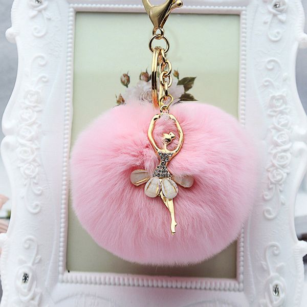 

rhinestone ballet dancer fur ball key chain for women fur pompom keychain trinket charm bag key ring holder jewelry, Silver