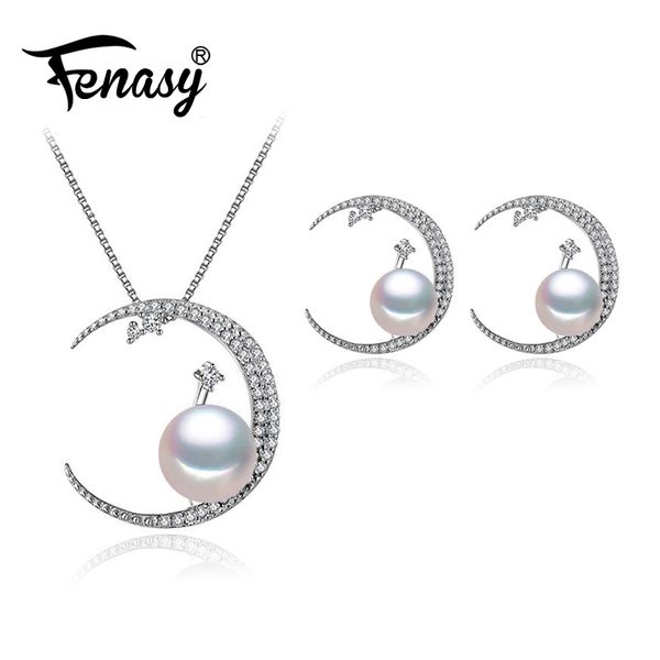 

fenasy pearl jewelry wedding engagement jewelry sets,natural pearl pendant necklace women/moon pendant,cute moon earrings female, Black