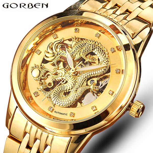

skeleton gold mechanical watch men automatic 3d carved dragon steel mechanical wrist watch china luxury brand self wind 2018 d18100706, Slivery;brown