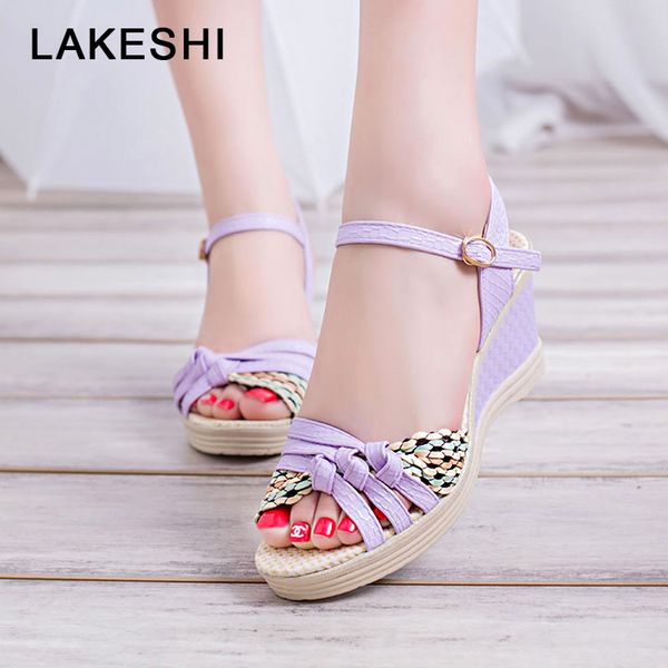 

lakeshi bohemian wedge sandals summer women sandals casual women shoes fashion cork woven shoes beach ladies, Black