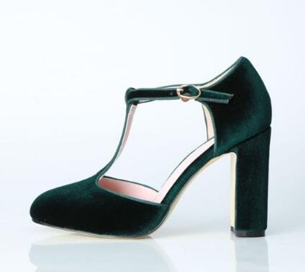 

Зеленый Бархат Блок Каблуки Женщины Партия Обувь Лето T-Ремень Высокие Каблуки Же
