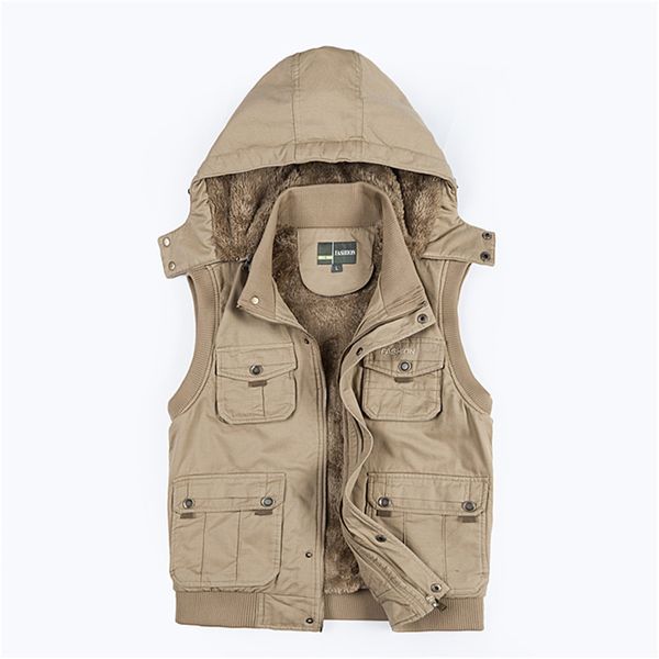 

autumn winter vest men removable hooded warm sleeveless jacket waistcoat men multi-pocket plus velvet thick vest, Black;white