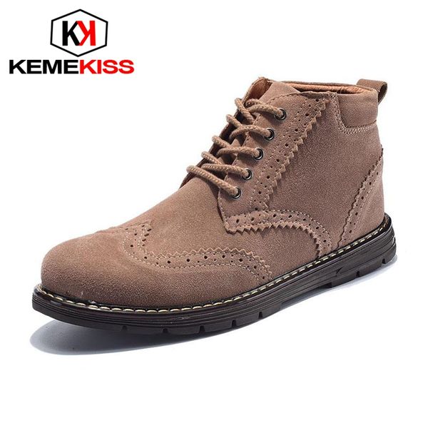 

kemekiss men real genuine leather ankle boots lace up plush fur flats boots warm winter shoes mens vintage footwear size 38-44, Black