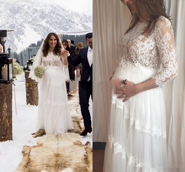 

elegant design pregnant wedding dress three quarter sleeve lace tulle floor length maternity bridal gowns custom size, White
