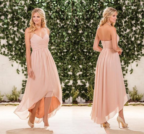 Blush rosa chiffon alta baixa vestidos de dama de honra halter plissados voltar zíper longo praia país jardim dama de honra vestidos