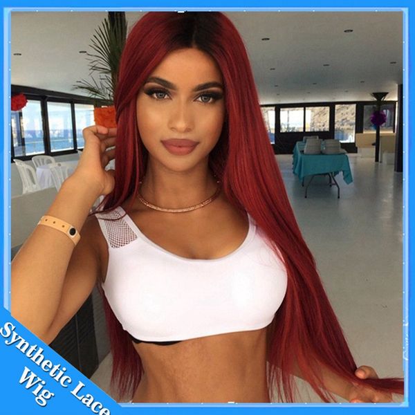 1b Burgundy Wine Red Ombre Synthetic Lace Front Wig With Baby Hair