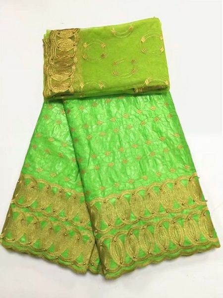 

5y beautiful lemon green african bazin brocade lace fabric and 2y french net lace embroidery with beads for dress bz1-1, Black;white
