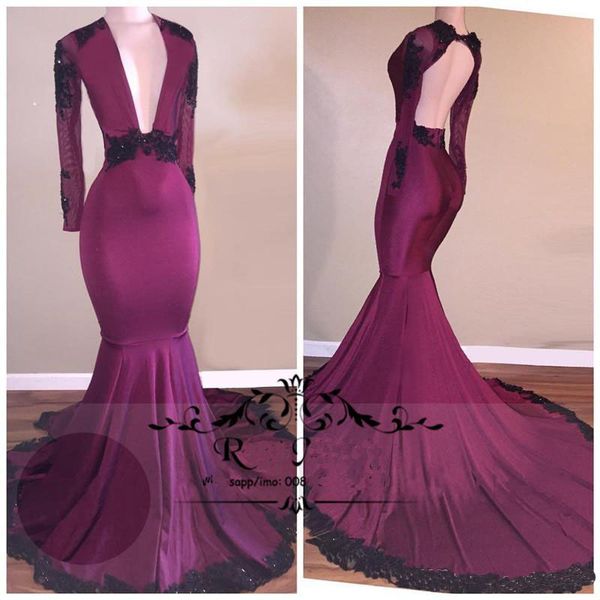 

Sexy Deep V Neck Mermaid Prom Dresses with Gold Lace Appliques 2018 Long Sleeves Plus Size Sequined Dresses Formal Prom Party Gowns