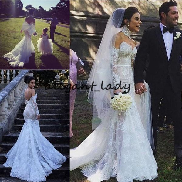 

outdoor country garden mermaid wedding dresses with long sleeve choker 2019 middle east fishtail lace sweep train bridal gown, White