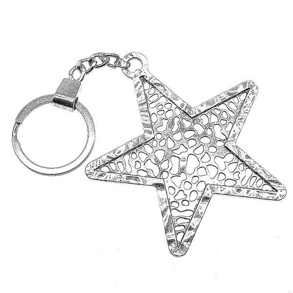 

6 pieces key chain women key rings fashion keychains for men big hollow pentagram star 74x70mm, Slivery;golden