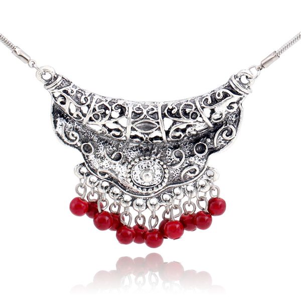 

2018 vintage antique silver geometric crescent choker necklace ethnic resin beaded pendant statement necklace for women jewelry, Golden;silver