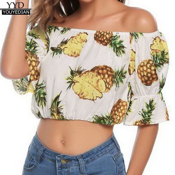 

summer crop for womens and blouses 2018 boho pineapple print off shoulder shirts tunic ladies womens clothing, White