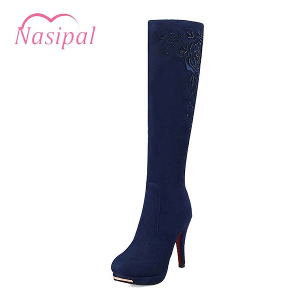 

nasipal knee high boots women's high heels shoes embroider string beading boots fashion round toe botas mujer femininos m320, Black