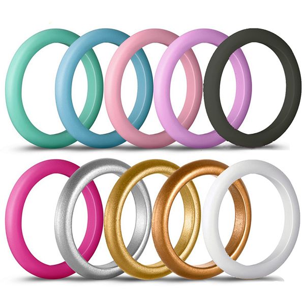 

10pcs /lot mixed color silicone wedding band ring 3mm soft flexible rubber women rings circle fashion jewelry gift, Slivery;golden
