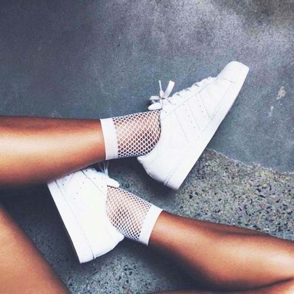 

streetwear breathable casual fishnet socks women white hollow nets ladies sweet mesh lace socks ankle-high 1pc fashion hot, Black;white