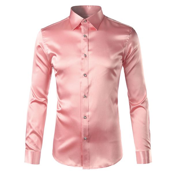 2020 New Gold Silk Satin Shirt Men Slim Fit Long Sleeve Dress Shirts