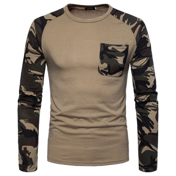 

camouflage printed men panelled casual t-shirt spring autumn crew neck long sleeve male pullover with pocket, White;black