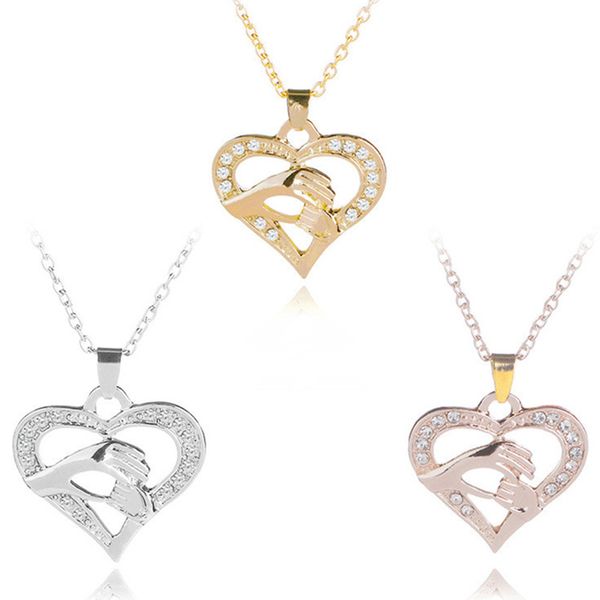 

mother's day gift necklace mother baby hands holding rhinestone heart love pendant necklaces jewelry gift sale, Silver