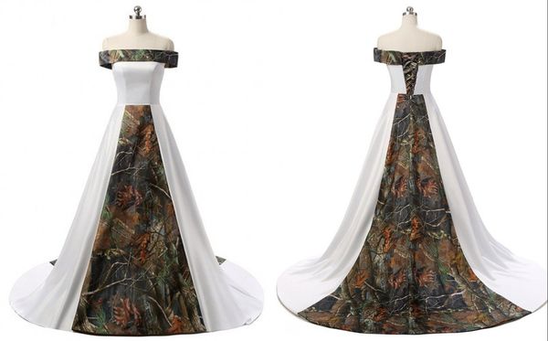 

vintage camo wedding dress long off the shoulder with sleeves 2018 white satin court train a line lace up back bridal gown