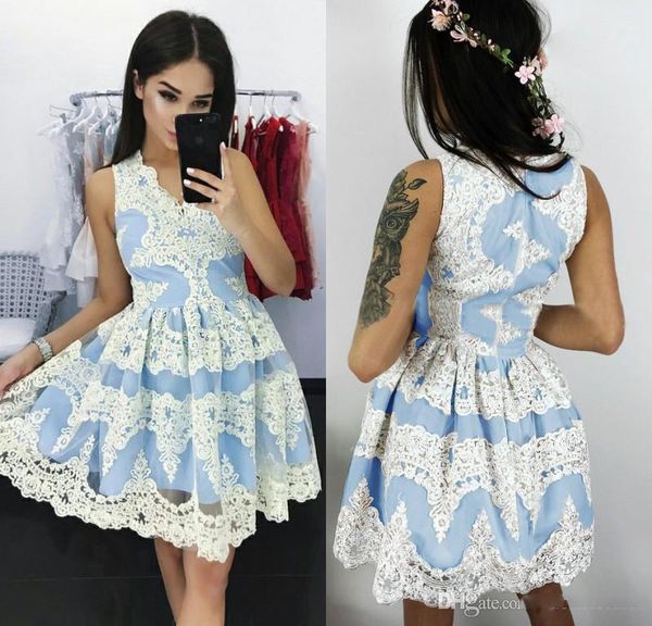 

blue short cocktail homecoming dresses white lace v-neck mini sweet 16 graduation party dress evening gowns custom made online 2018, Blue;pink