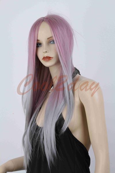 Women Sexy Fashion Long Straight Hair Full Wig Ombre Purple Silver