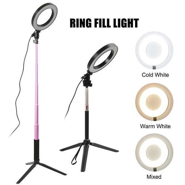 

Camera Photo Studio Phone Video LED 3 Modes Dimmable 16cm Ring Light Photo Phone Video Fill Lamp With Retractable bracket Stand