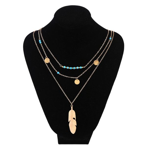 

многослойное ожерелье boho перо цепи ожерелья для женщин ювелирные изделия изысканные блестки многослойные цепи бирюзовые бусины ожерелье бе, Silver