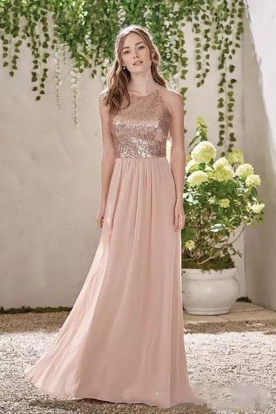 2018 vendita calda abiti da damigella d'onore in oro rosa A Line Spaghetti Backless Paillettes Chiffon economici Long Beach Abito da sposa Gust Abiti da damigella d'onore