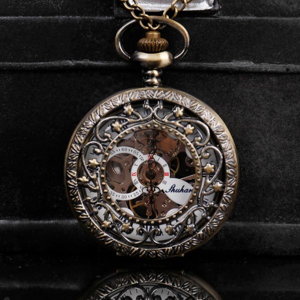 

royal goods brown flower vine pendant hollow out roman dial plate mechanical pocket watch with necklace chain for men women, Slivery;golden