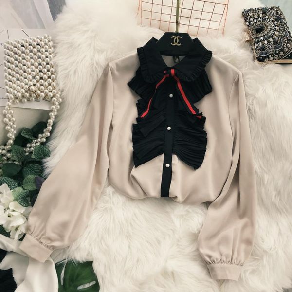 

new brand women chiffon blouse autumn fashion ruffles bow lantern sleeve shirts female button blouse chic clothes 2018 hot, White