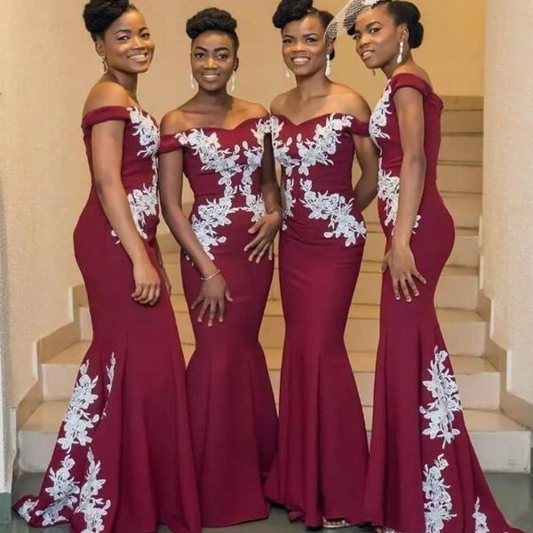 

Nigeria Style Long Bridesmaid Dresses Off Shoulder Burgundy Mermaid Maid Of Honor Gowns With Lace Appliques Wedding Bridesmaid Dress Cheap