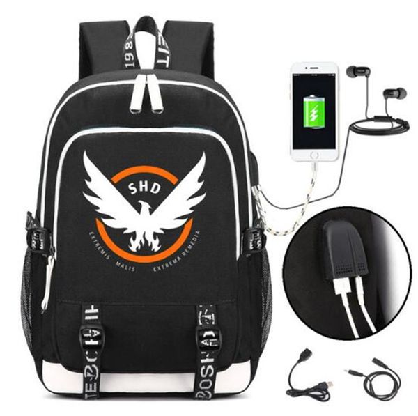

tom clancys the division shd backpack rucksack bag w/ usb charging port / lock / headphone interface students book lapbag