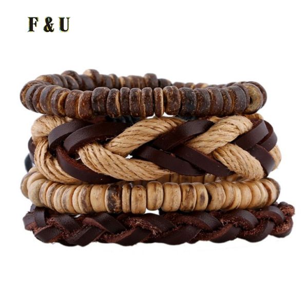 

f&u 4pcs / set wax rope leather braided bracelet simple leather bracelet multilayers bohemia, Golden;silver