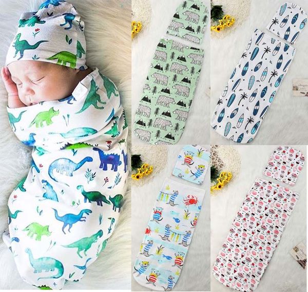 sacco a pelo per bambini + cappello Stile carino avvolge cartone animato Fiori di dinosauro stampato bambino neonato avvolto