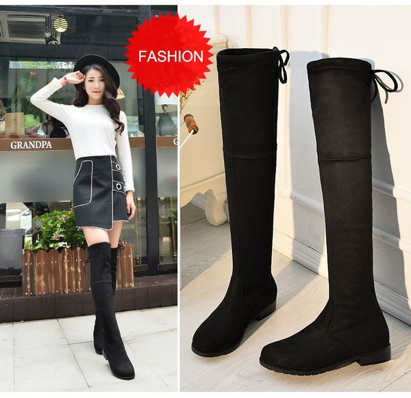 

womens winter boots fashion suede overknee boots suded knee shoes all matching fit shoes lace fasten strench material footwear zy834, Black