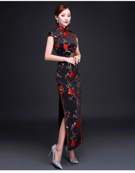

Shanghai Story 2018 New Party Dress Long Qipao Chinese traditional dress Short Sleeve Flower Embroidery Cheongsam for Women