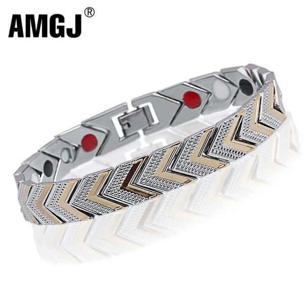 

amgj stainless steel health magnetic bracelet bangle for women bio energy bracelet 2018 fashion jewelry wristband, Golden;silver
