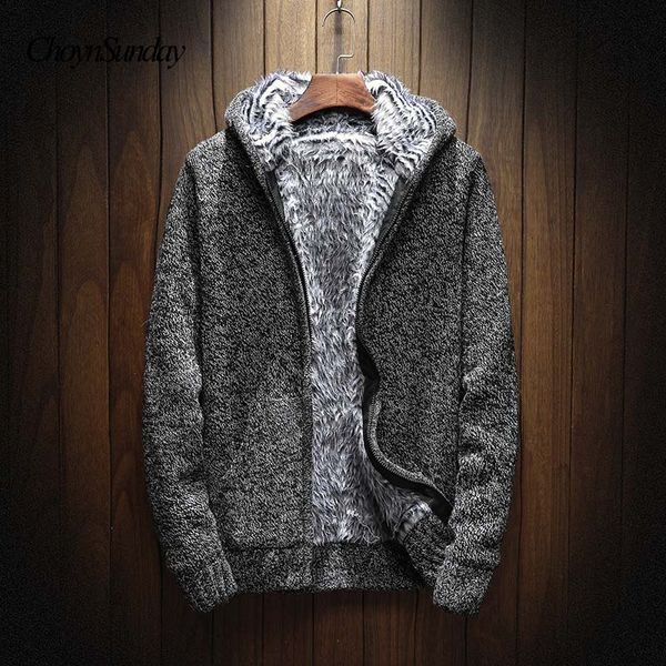 

2018 winter fashion knitting hoodies warm outwear thick mens clothing sweatshirt zipper male hooded fur coat causal long sleeve, Black