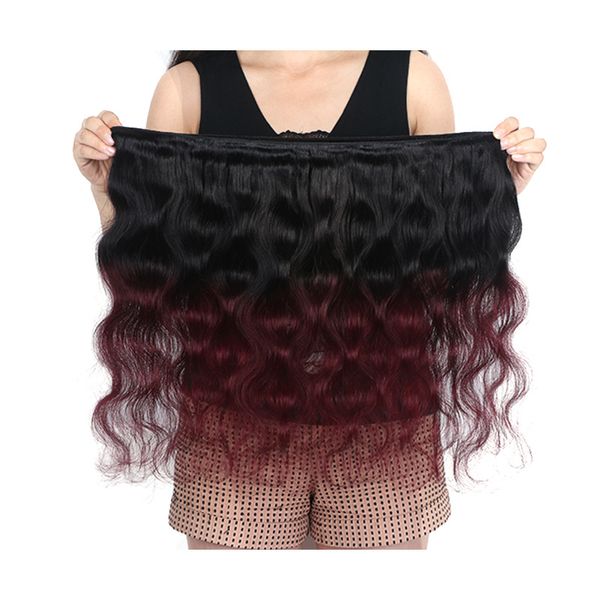 

12-26 inch length 1b/99j# ombre body wave 3 bundles hair 100% brazilian virgin human hair weaves burgundy wine red wefts 100g/pcs, Black