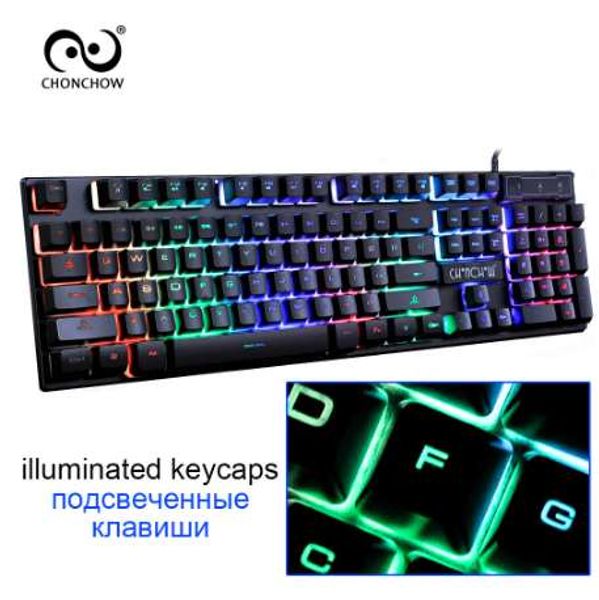 Chronchow Gaming Keyboard Rainbow Retro colorido LED Teclado Russo Russo Espanhol Francês Layout Adesivo Fios Teclado Fios Gamers