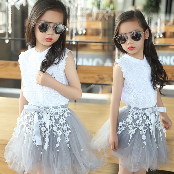 

girls sets summer cotton lace t-shirts+floral tutu skirt 2pcs suits girls clothes sets princess kids outfits, Red;yellow