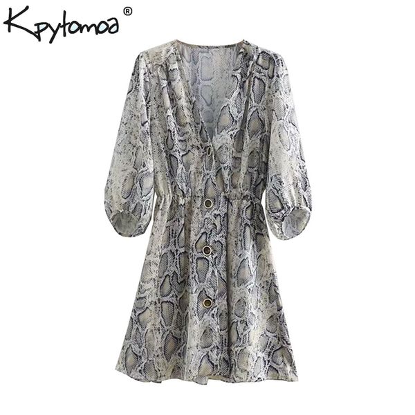 

vintage flowy snake skin print mini dress women 2018 fashion summer v neck buttons pleated dresses casual vestidos mujer, White;black