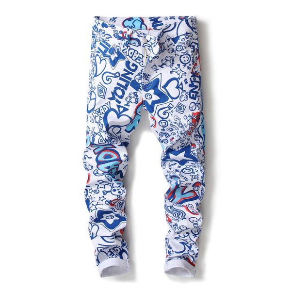 

2018 new men jean 3d ela tic digital print jean men 039 kinny pant lim white tretch painted de igner pant 5003