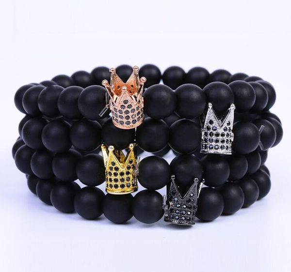 

micro pave zircon crown beaded strands bracelets for men women volcanic stone simple hand wrist ring diy jewelry wholesale, Black