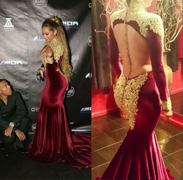 

winter burgundy velvet mermaid prom dresses long sleeves high neck appliqued golden lace keyhole backless formal evening gowns party, Black