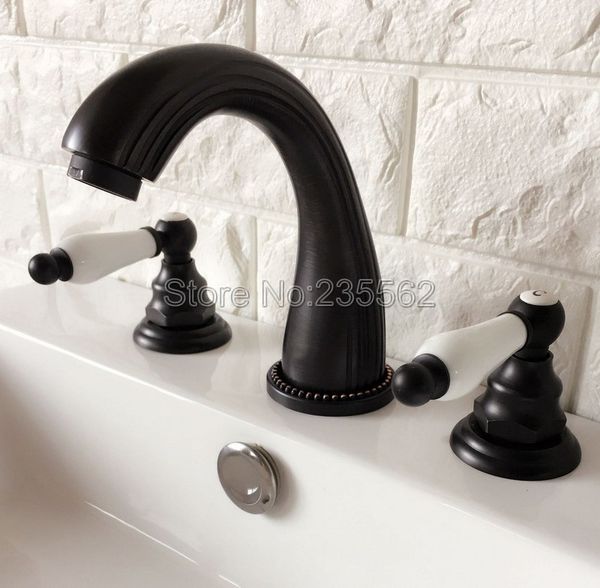 

3 hole widespread black oil rubbed brass bathroom basin faucet deck mounted vessel sink / bathtub dual handle mixer taps lhg062