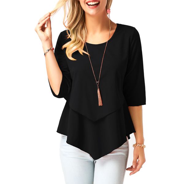 

asymmetric hem layered white round neck blouse