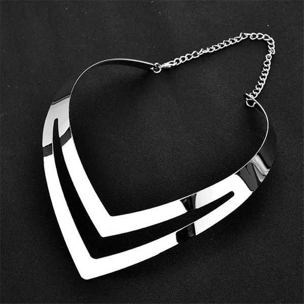 

new silver gold color big v shape choker necklaces for women geometric hollow statement necklace punk jewelry sf, Golden;silver